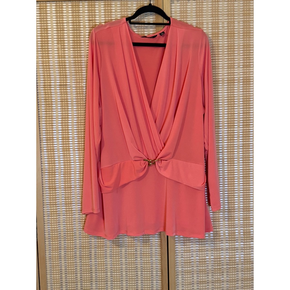 IMAN Global Chic Coral Pink V-Neck Wrap Front Tunic Top‎ Gold Hardware 3X Party